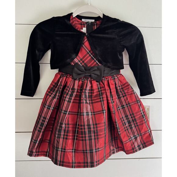 NEW Bonnie Jean Girl Size 4 Red Black Plaid Sleeveless Dress Black Jacket NWT - Picture 1 of 10